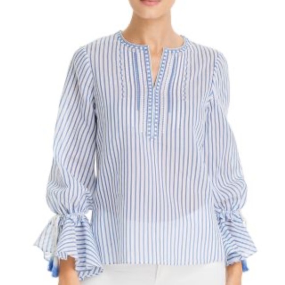 Kobi Halperin Selma Striped V Neck Long Ruffle Sleeve Silk Tunic Small Bohemian - Picture 1 of 13